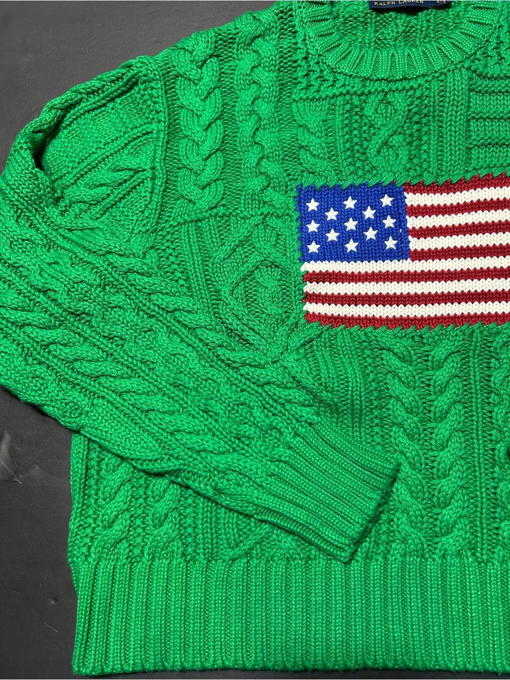 Vintage Polo by Ralph Lauren Green Cable Knit Crewneck with American Flag - Picture 11 of 16